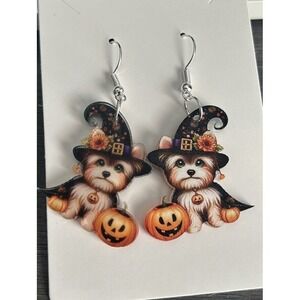 Halloween Dog Earrings Yorkie Witch Pumpkin Dangle Drop Earrings